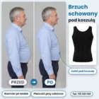 Ten sam starszy mężczyzna z profilu w niebieskiej koszuli: przed – wystający brzuch, po – płaska koszula; obok czarny podkoszulek wyszczuplający Heerkules