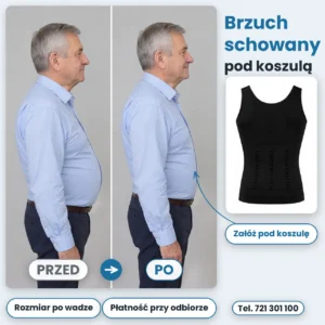 Ten sam starszy mężczyzna z profilu w niebieskiej koszuli: przed – wystający brzuch, po – płaska koszula; obok czarny podkoszulek wyszczuplający Heerkules