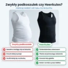 Porównanie: zwykły podkoszulek (czerwone minusy) wybrzusza się na brzuchu, Heerkules (zielone plusy) trzyma brzuch płasko