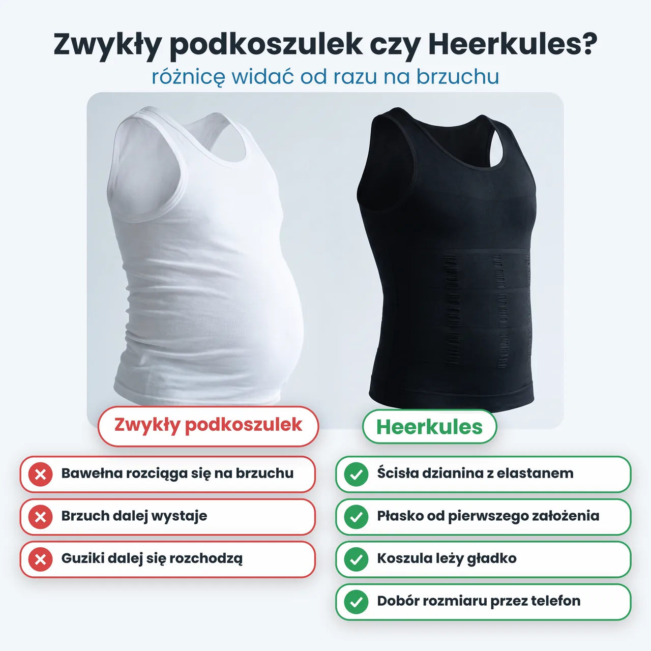 Porównanie: zwykły podkoszulek (czerwone minusy) wybrzusza się na brzuchu, Heerkules (zielone plusy) trzyma brzuch płasko