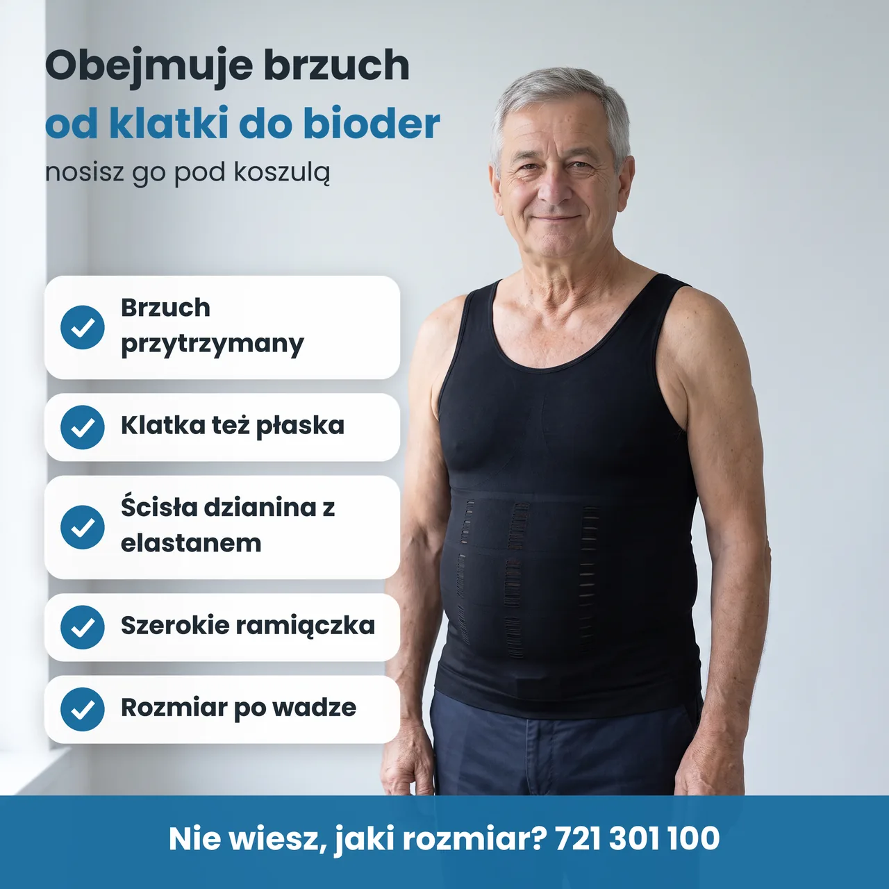 Starszy mężczyzna w czarnym podkoszulku wyszczuplającym Heerkules i lista korzyści